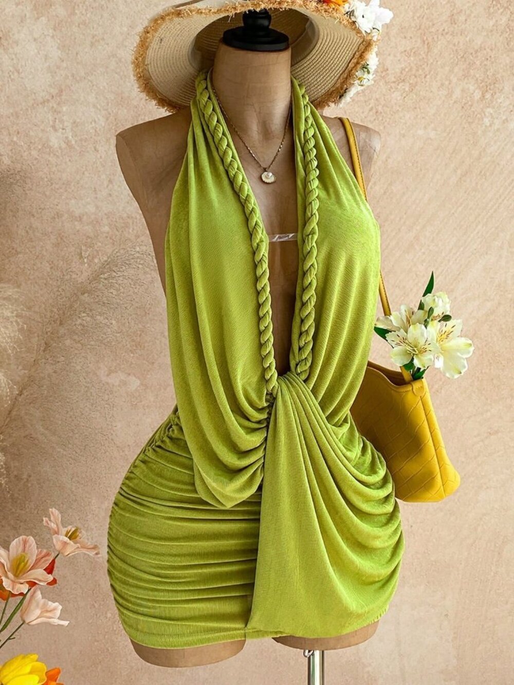 Green Backless Halter Women's Mini Dress